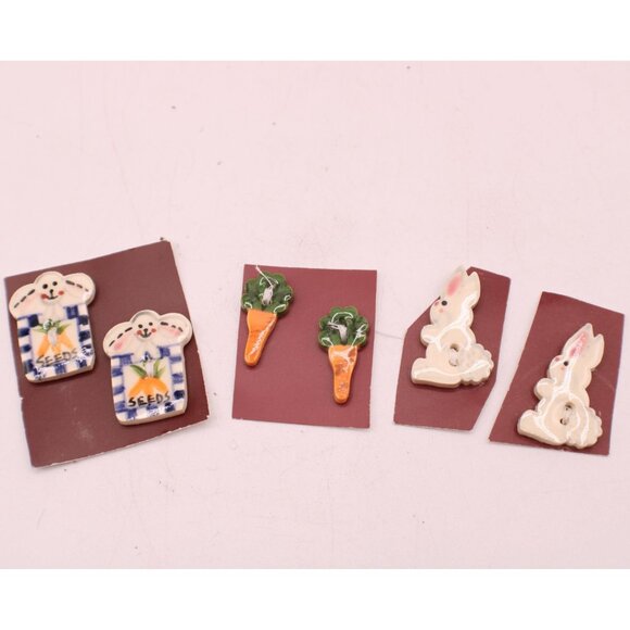 Set of 6 Vintage Ceramic Bunny Carrot & Seed Packet Buttons Handpainted - Picture 1 of 6